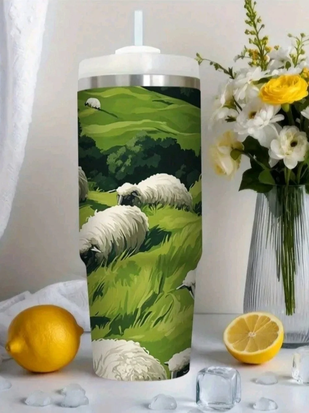 30 Oz. Sheep In Pastures Stainless Steel Insulated Tumbler - White & Green
